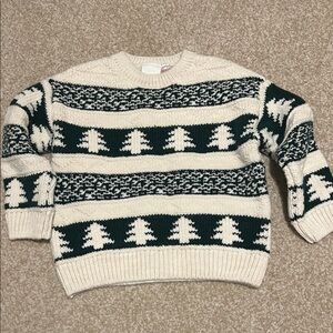 Zara Men's Cream and Dark Green Crewneck Sweater